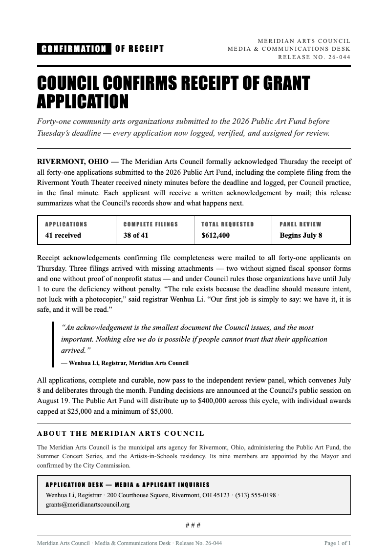 Press release style acknowledgement letter